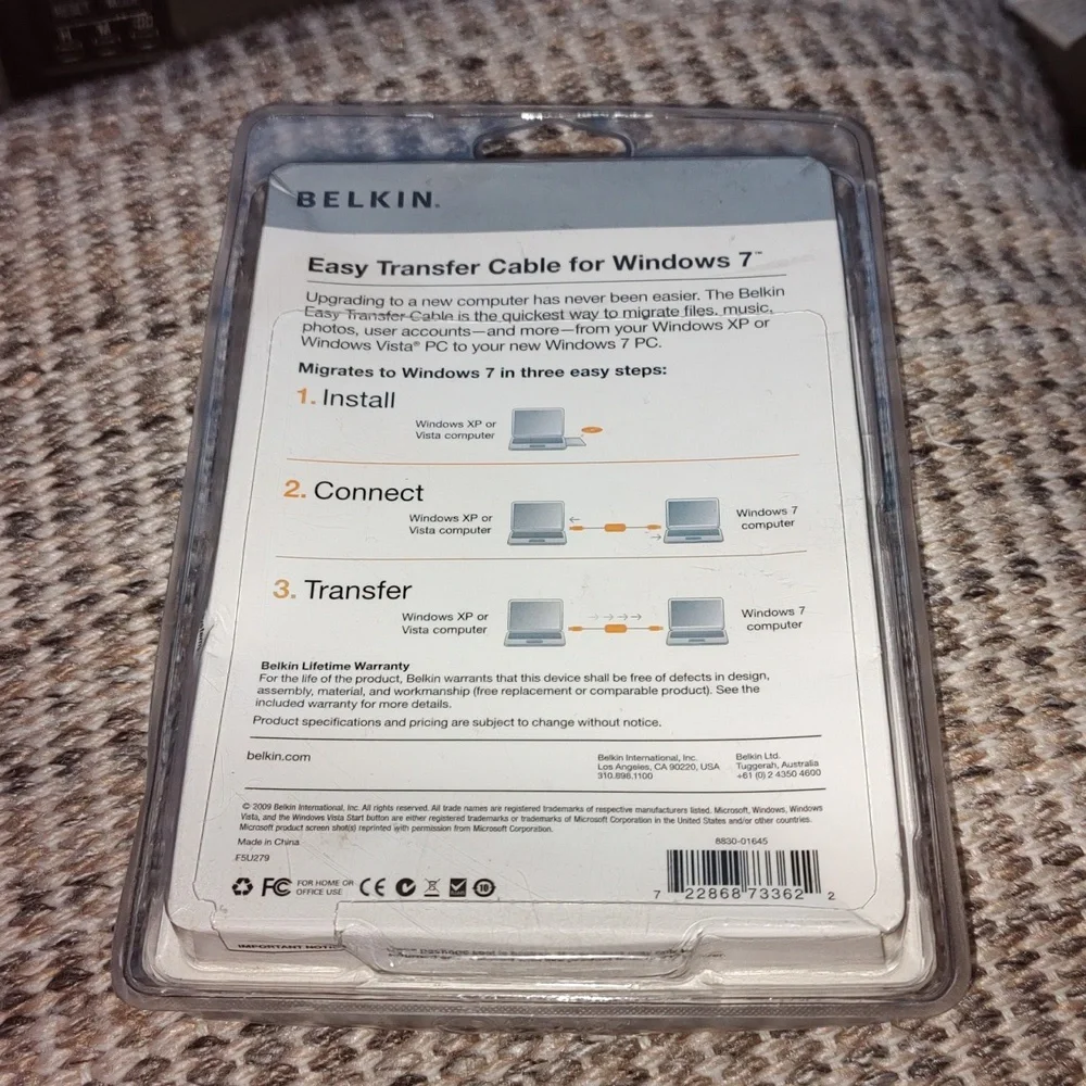 Belkin Easy Transfer Cable Windows 7 New Sealed Hard Plastic 8 ft 2.4 m USB 2.0